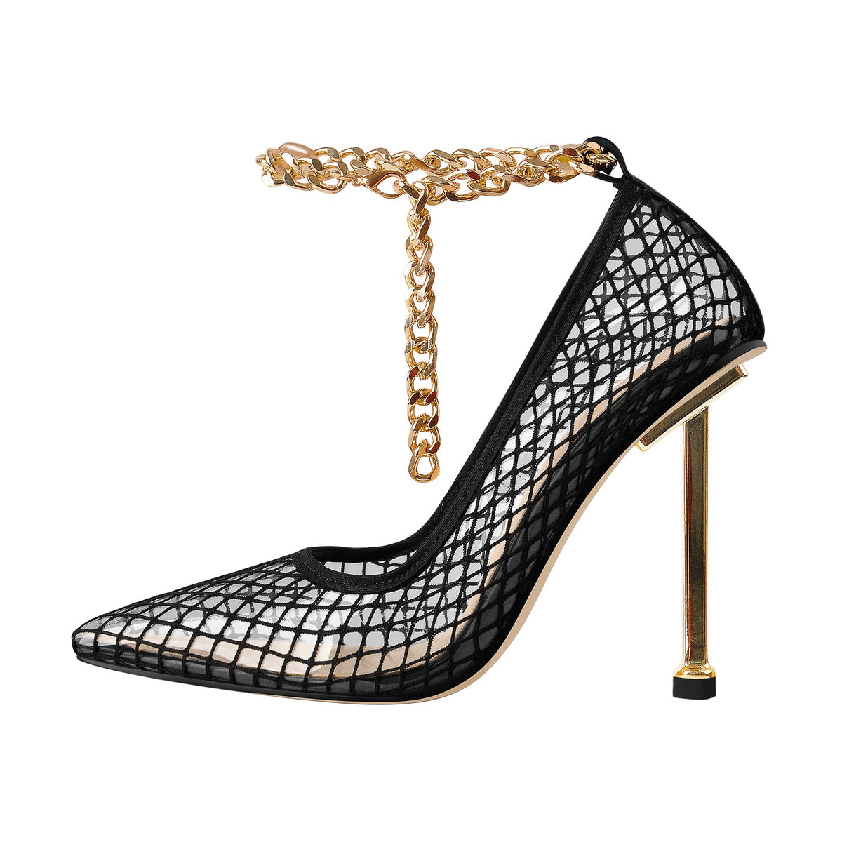 Black Fishnet Pointed Toe Ankle Metal Chain Pumps - Onlymaker