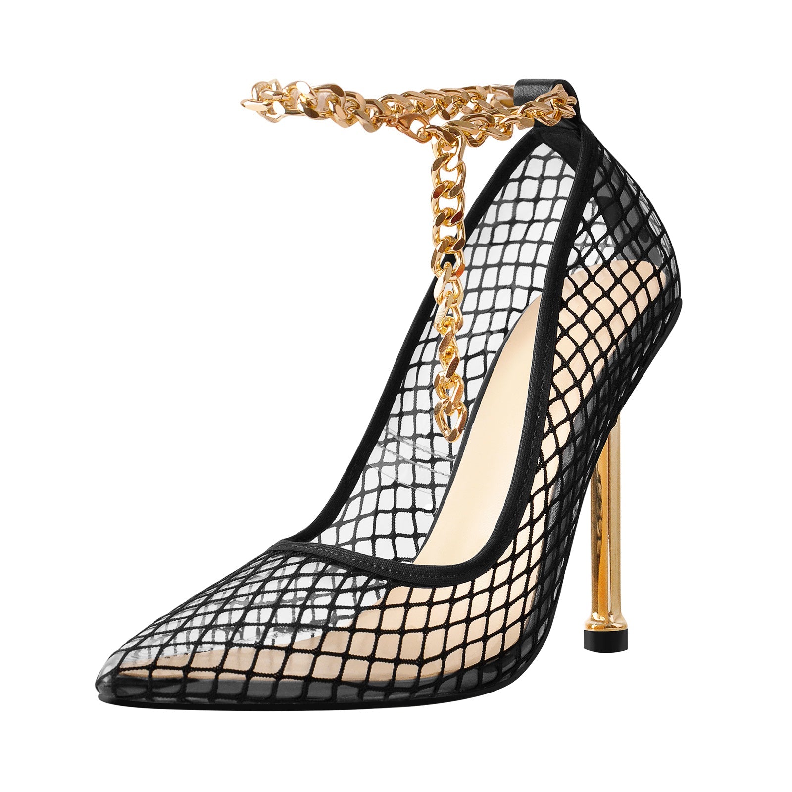 Black Fishnet Pointed Toe Ankle Metal Chain Pumps - Onlymaker