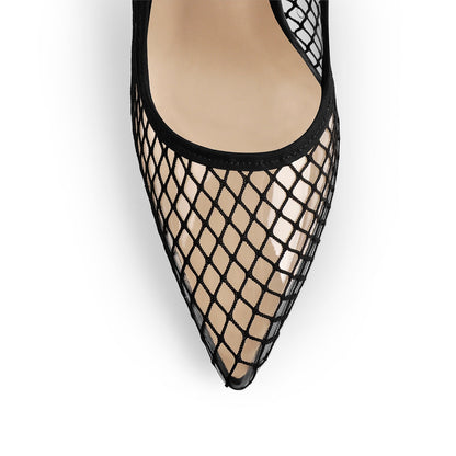 Black Fishnet Pointed Toe Ankle Metal Chain Pumps - Onlymaker