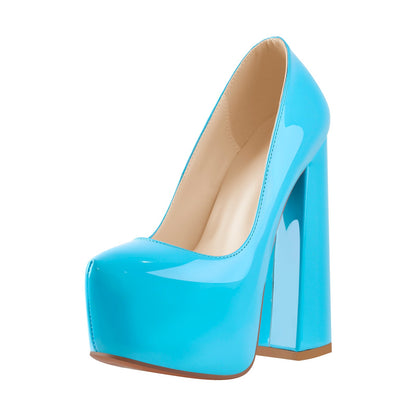 Platform Round Toe High Heel Slip-On Blue Pumps - Onlymaker