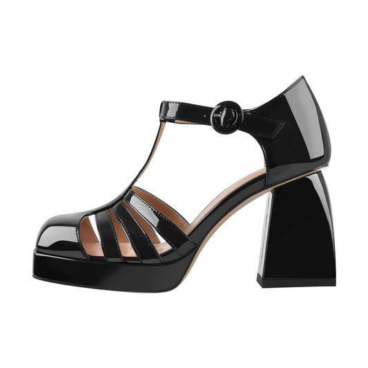 Square Patent Black Chunky Heels Pumps - Onlymaker