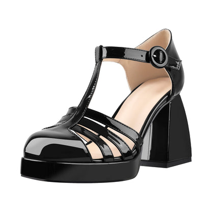 Square Patent Black Chunky Heels Pumps - Onlymaker