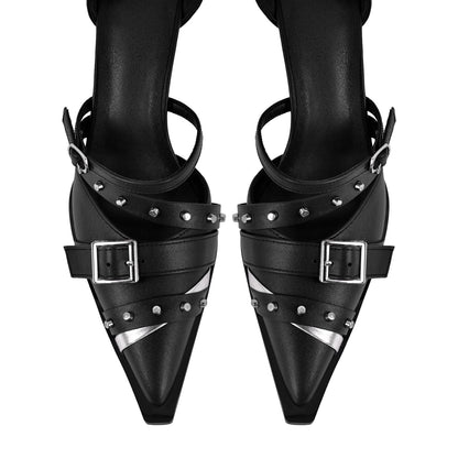 Pointed Toe Rivet Buckle Ankle Strap Pumps - Onlymaker
