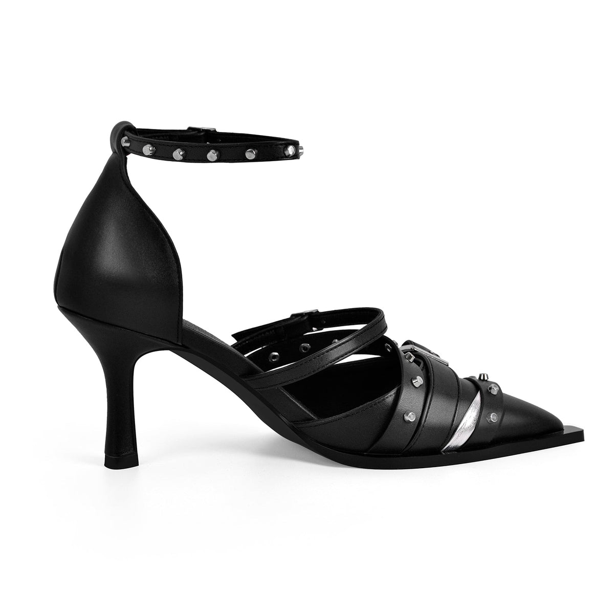 Pointed Toe Rivet Buckle Ankle Strap Pumps - Onlymaker