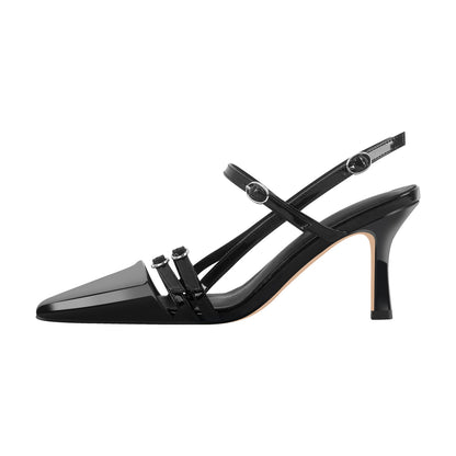 Pointed Toe Hollow Buckle Slingback Pumps - Onlymaker
