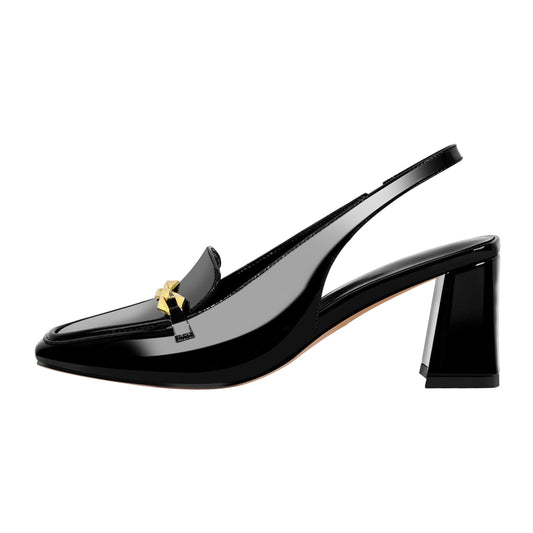 Square Toe Metal Chain Chunky Heel Slingback Pumps - Onlymaker