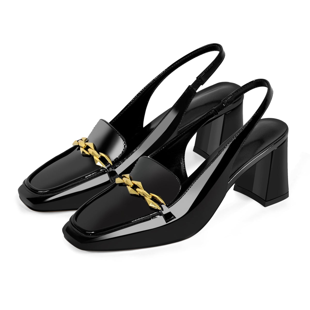 Square Toe Metal Chain Chunky Heel Slingback Pumps - Onlymaker
