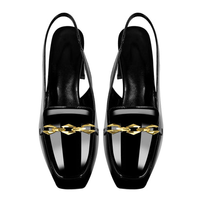 Square Toe Metal Chain Chunky Heel Slingback Pumps - Onlymaker