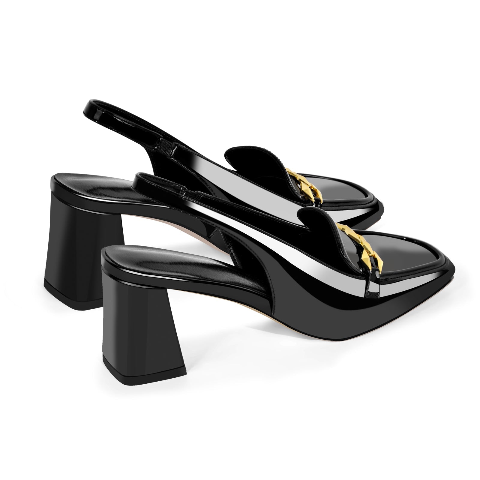 Square Toe Metal Chain Chunky Heel Slingback Pumps - Onlymaker