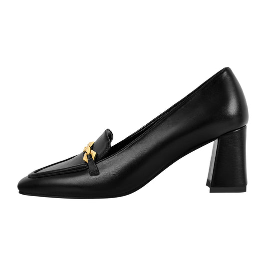 Metal Chain Square Toe Chunky Heel Pumps - Onlymaker