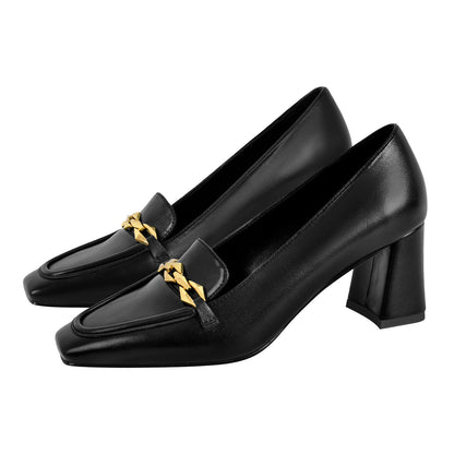 Metal Chain Square Toe Chunky Heel Pumps - Onlymaker