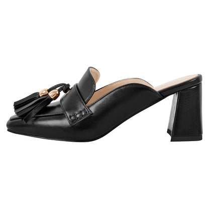 Square Toe Fringe Chunky Heel Mules - Onlymaker
