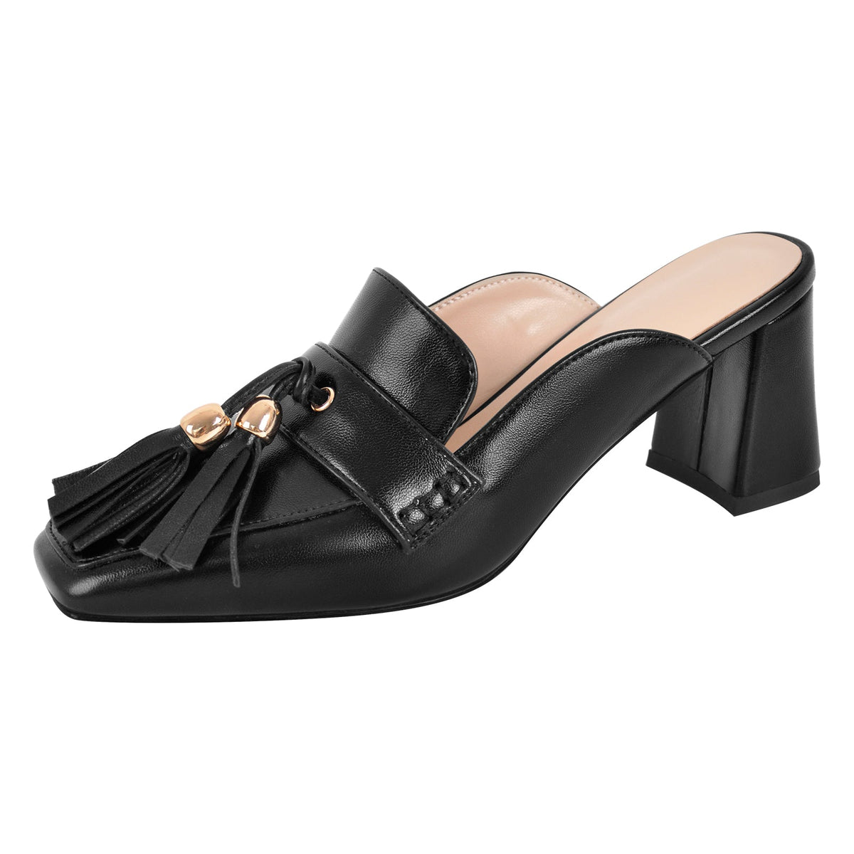 Square Toe Fringe Chunky Heel Mules - Onlymaker
