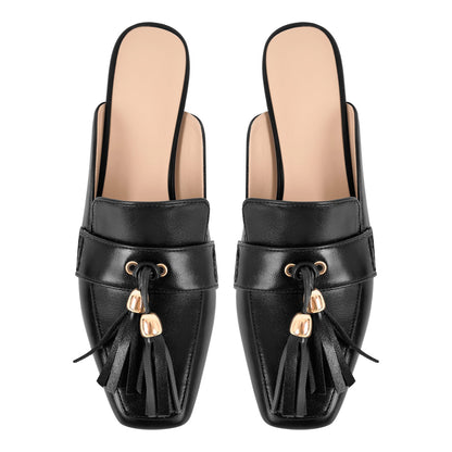 Square Toe Fringe Chunky Heel Mules - Onlymaker