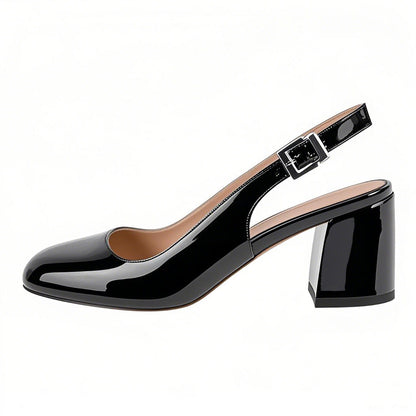 Round Toe Chunky Natural Heels Slingback Pumps - Onlymaker