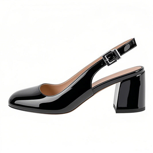 Round Toe Chunky Natural Heels Slingback Pumps - Onlymaker