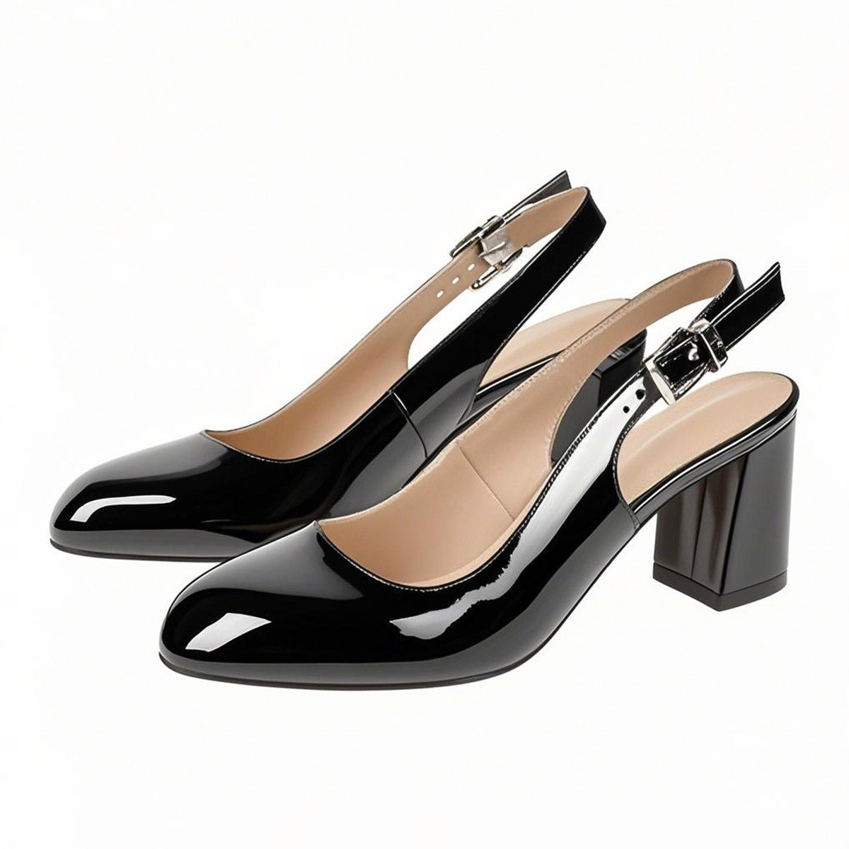 Round Toe Chunky Natural Heels Slingback Pumps - Onlymaker