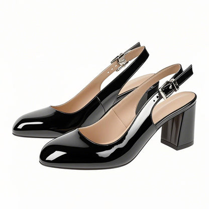 Round Toe Chunky Natural Heels Slingback Pumps - Onlymaker