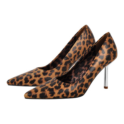 Leopard Pointed Toe Slip On High Heels - Onlymaker