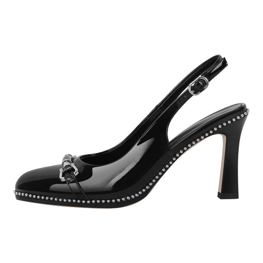 Pointed Toe Rivet Metal Buckle Slingback Pumps - Onlymaker