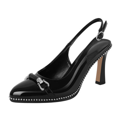Pointed Toe Rivet Metal Buckle Slingback Pumps - Onlymaker