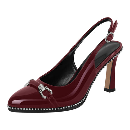 Pointed Toe Rivet Metal Buckle Slingback Pumps - Onlymaker