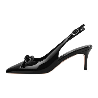 Bow Pointed Toe Patent Leather Slingback Pumps - Onlymaker