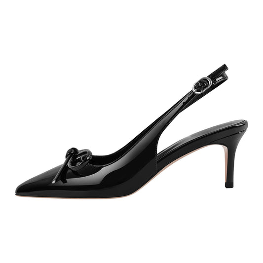 Bow Pointed Toe Patent Leather Slingback Pumps - Onlymaker