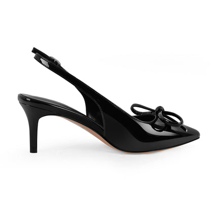 Bow Pointed Toe Patent Leather Slingback Pumps - Onlymaker