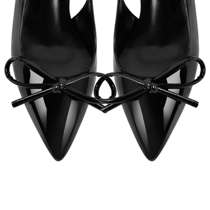 Bow Pointed Toe Patent Leather Slingback Pumps - Onlymaker