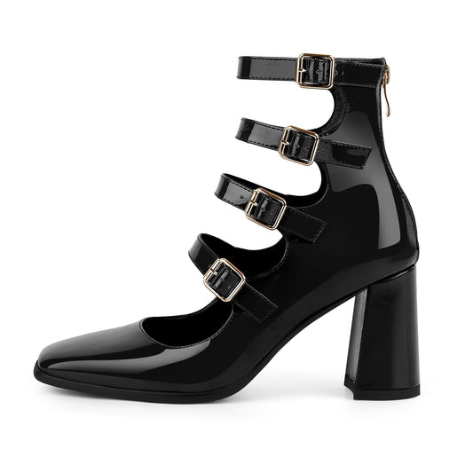 Square Toe Multi Buckle Strap Pumps - Onlymaker