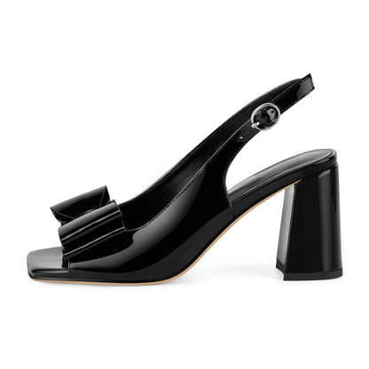 Open Toe Bow Slingback Chunky Heel Pumps - Onlymaker