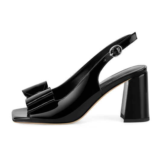 Open Toe Bow Slingback Chunky Heel Pumps - Onlymaker