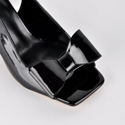 Open Toe Bow Slingback Chunky Heel Pumps - Onlymaker