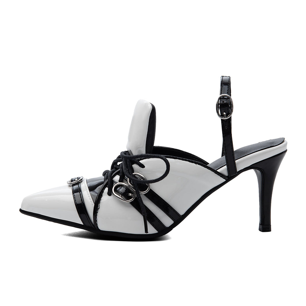 Pointed Toe Buckle Lace-up Sporty Slingback Pumps - Onlymaker