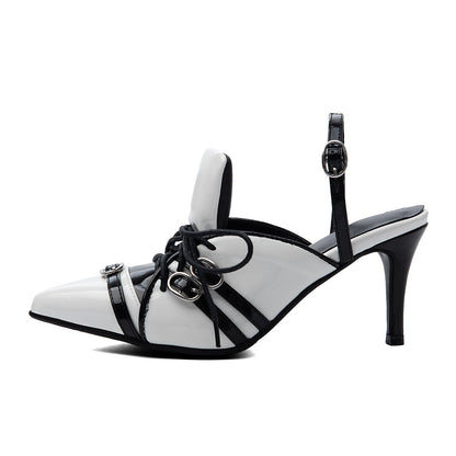 Pointed Toe Buckle Lace-up Sporty Slingback Pumps - Onlymaker