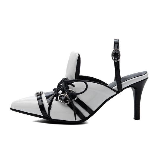 Pointed Toe Buckle Lace-up Sporty Slingback Pumps - Onlymaker