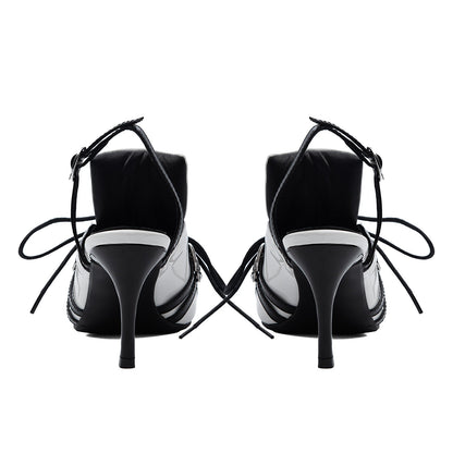 Pointed Toe Buckle Lace-up Sporty Slingback Pumps - Onlymaker