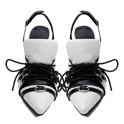 Pointed Toe Buckle Lace-up Sporty Slingback Pumps - Onlymaker