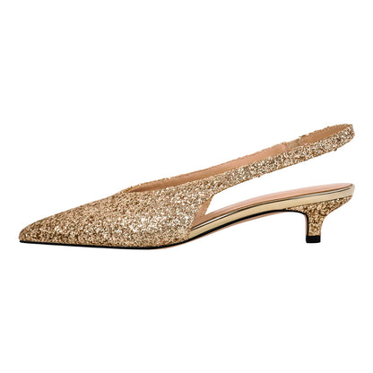 Glitter Pointed Toe Kitten Heel Slingback Pumps - Onlymaker