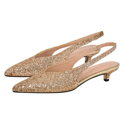 Glitter Pointed Toe Kitten Heel Slingback Pumps - Onlymaker