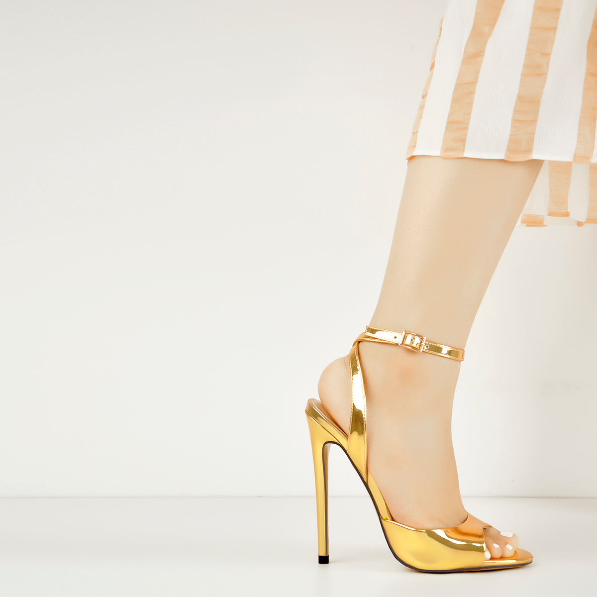 Gold Round Toe Strap High Heel Stilettos Sandals - Onlymaker