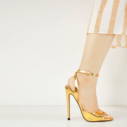 Gold Round Toe Strap High Heel Stilettos Sandals - Onlymaker