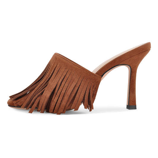 Square Toe Fringe Stiletto Mules - Onlymaker