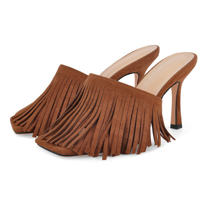 Square Toe Fringe Stiletto Mules - Onlymaker