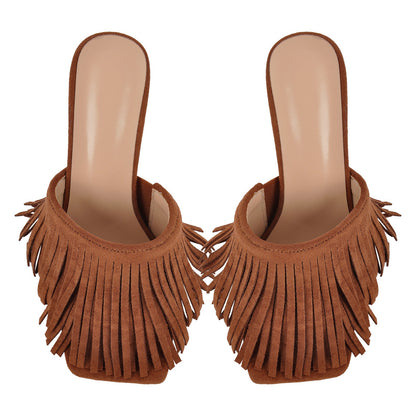 Square Toe Fringe Stiletto Mules - Onlymaker