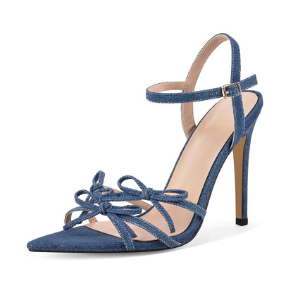 Denim Pointed Toe Bow Buckle Strap Sandals - Onlymaker