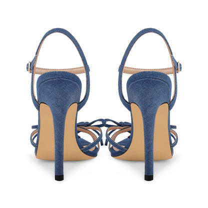 Denim Pointed Toe Bow Buckle Strap Sandals - Onlymaker