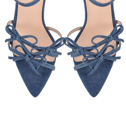 Denim Pointed Toe Bow Buckle Strap Sandals - Onlymaker