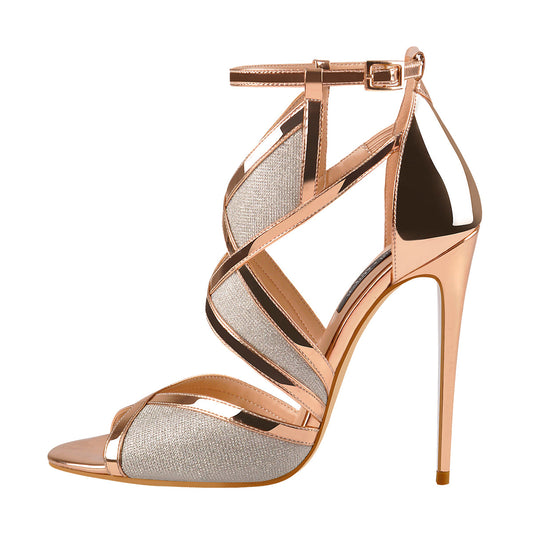 Champagne Gold Metallic Luster Glitter Cut Out Sandals - Onlymaker